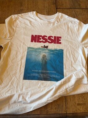 Nessie Graphic Tee in White with Red & Blue Print